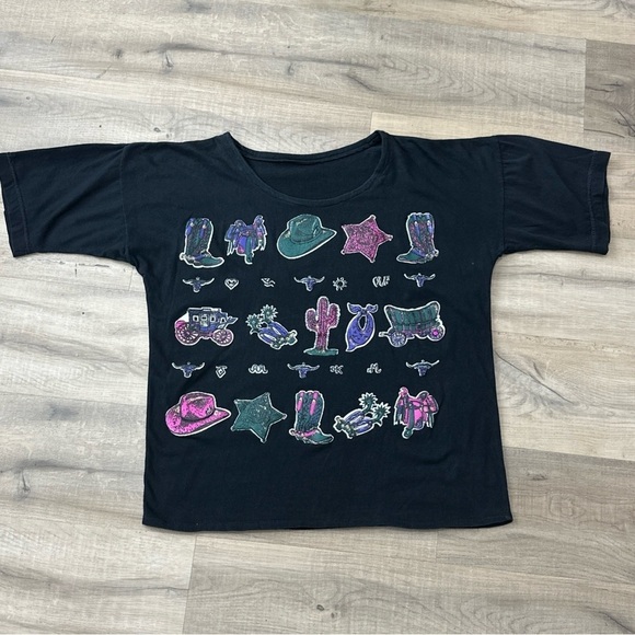 Tops - Vintage Western Cowboy Cowgirl Themed T-shirt Puff Purple Pink & Green Design